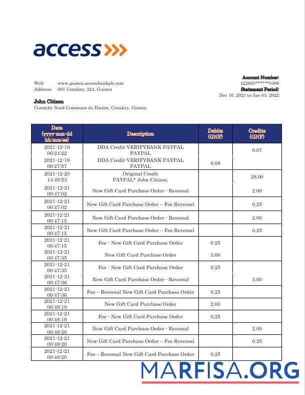Realistic Guinea Access bank statement word download for verification